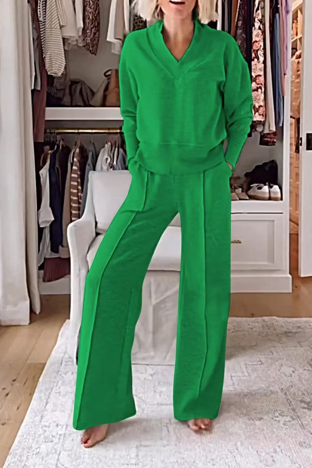 Women's Pullover Suit Casual Collared Long-Sleeved V-neck Top And Loose Straight-Leg Pants Fashion Sweatshirt Sport Trousers Set    Home Decor Supply | Online Retail | ShoreShopper.com