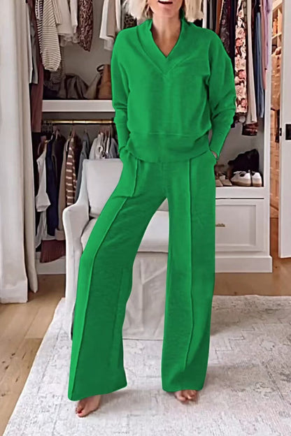 Women's Pullover Suit Casual Collared Long-Sleeved V-neck Top And Loose Straight-Leg Pants Fashion Sweatshirt Sport Trousers Set    Home Decor Supply | Online Retail | ShoreShopper.com