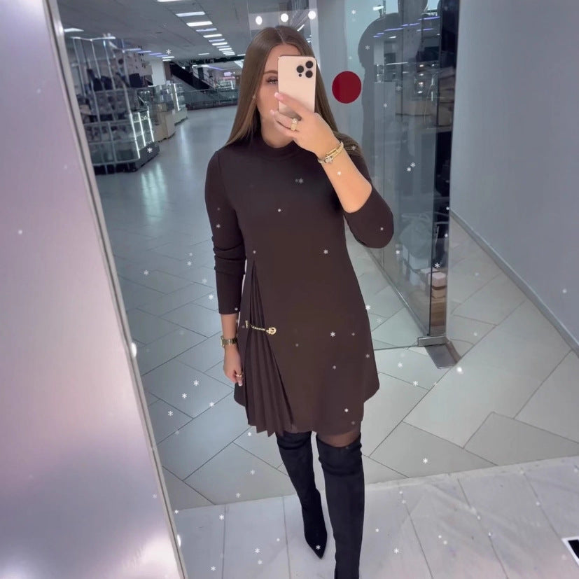 Patchwork Pleated Long-sleeved Dress Fashion Split Dresses Elegant Commuter Women's Clothing    Home Decor Supply | Online Retail | ShoreShopper.com