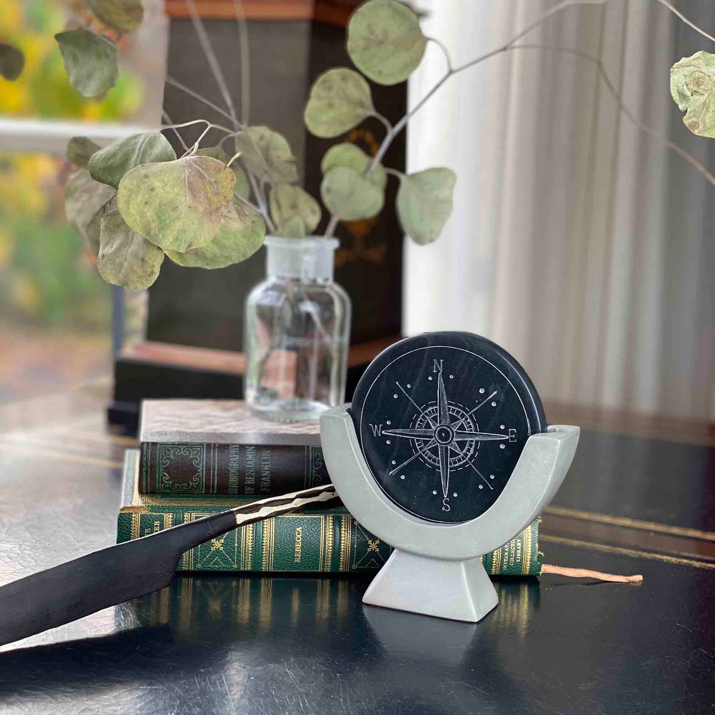 Compass Soapstone Sculpture, Dark Gray Stone    Home Decor Supply | Online Retail | ShoreShopper.com