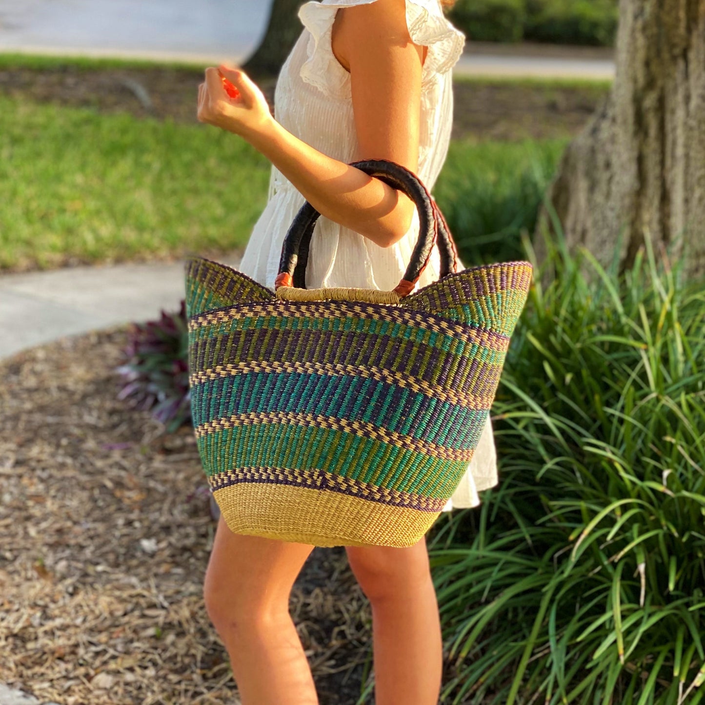 Bolga Tote, Mixed Colors with Leather Handle - 18-inch    Home Decor Supply | Online Retail | ShoreShopper.com