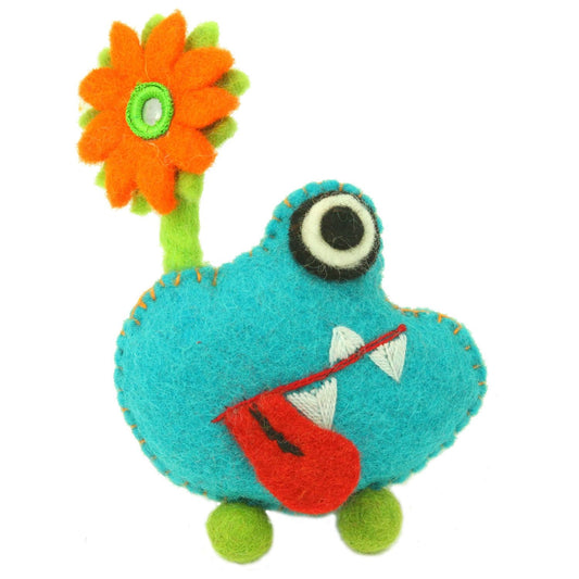 Hand Felted Blue Tooth Monster with Flower - Global Groove    Home Decor Supply | Online Retail | ShoreShopper.com