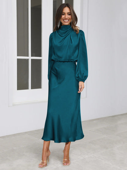 Elegant Temperament Long-sleeved Dress Satin Halterneck Formal Evening Dresses Women Clothing    Home Decor Supply | Online Retail | ShoreShopper.com