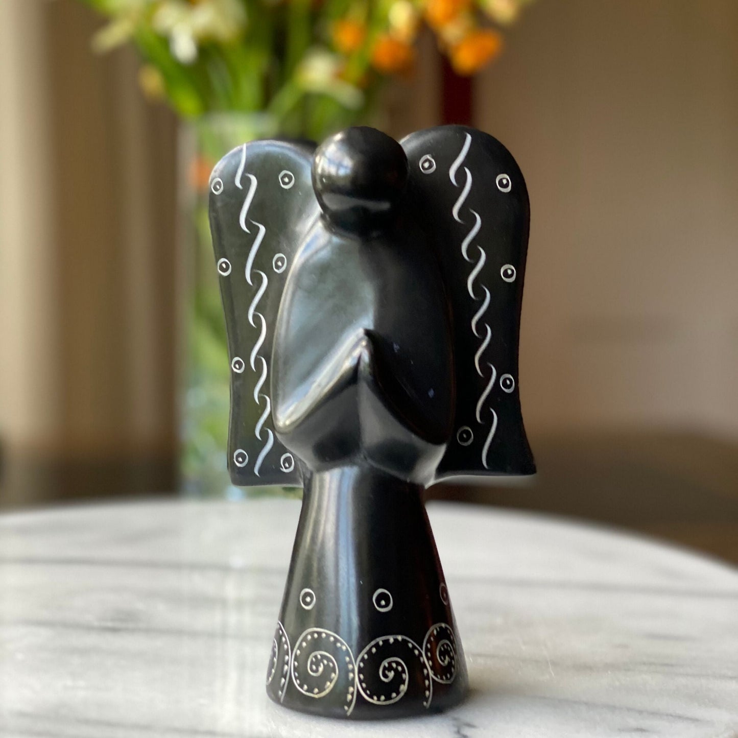 Soapstone Angel Sculpture - Black Finish with Etch Design    Home Decor Supply | Online Retail | ShoreShopper.com