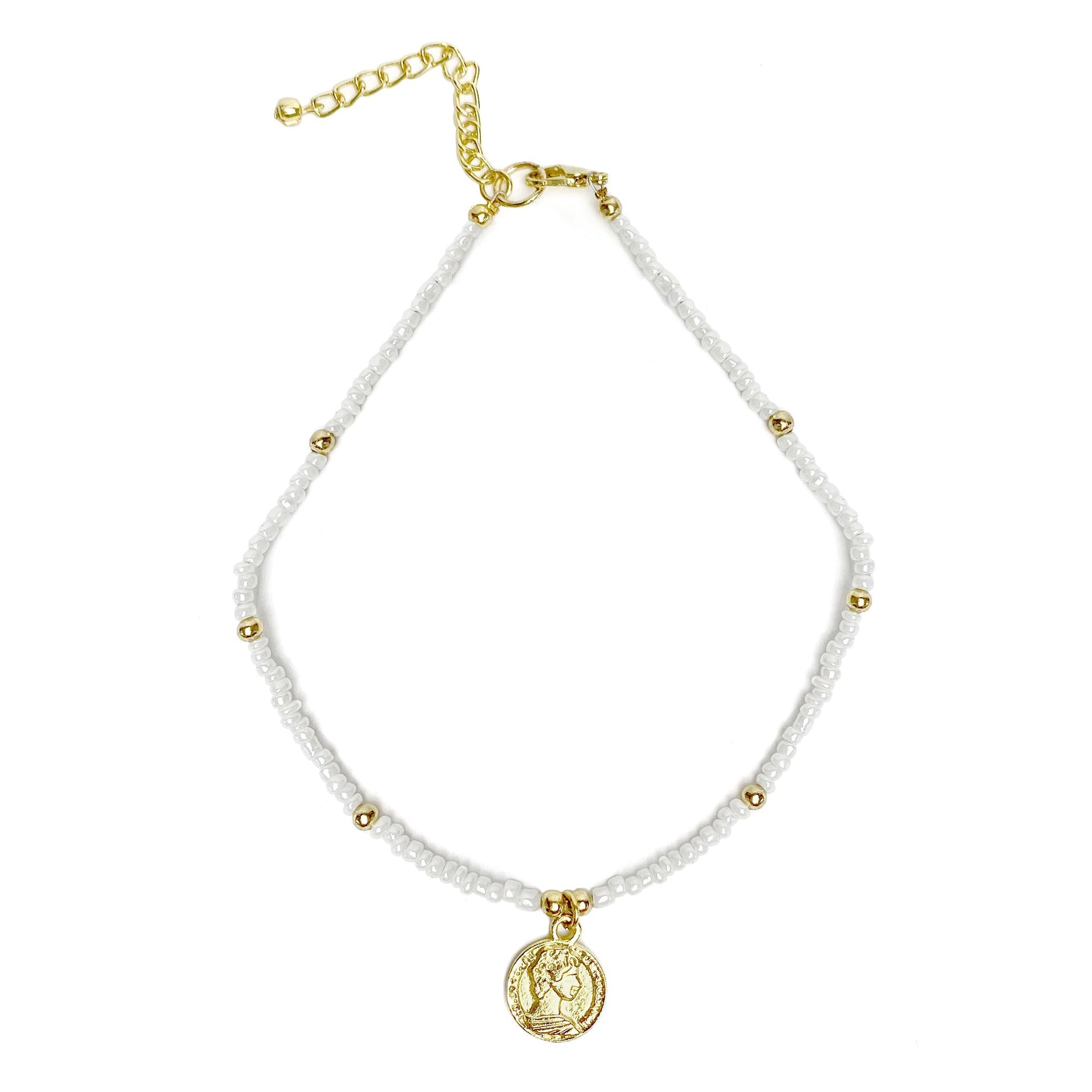 White Glass Bead Choker with Brass Coin Pendant    Home Decor Supply | Online Retail | ShoreShopper.com