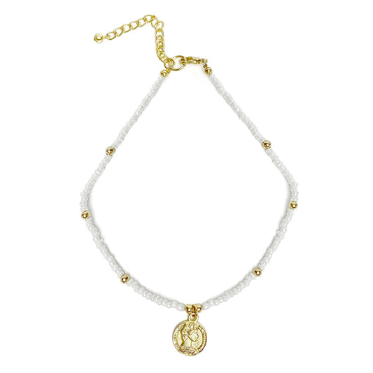 White Glass Bead Choker with Brass Coin Pendant    Home Decor Supply | Online Retail | ShoreShopper.com