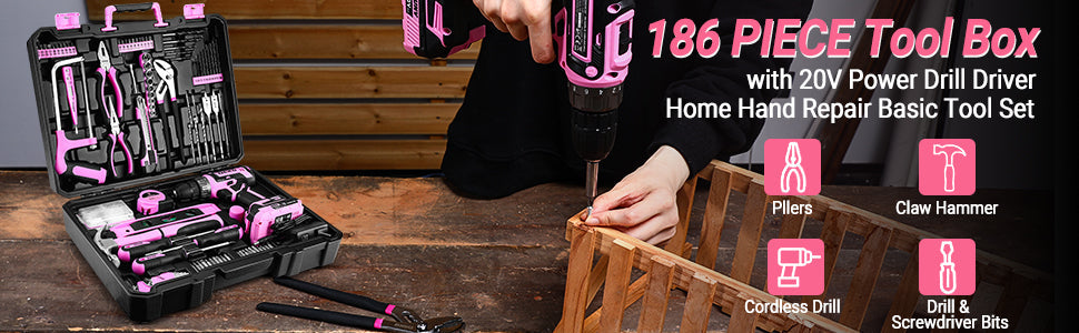 DEKO Pink Drill Tool Kit Set: 20V Cordless Power Drill Tool Box with Battery Electric Drill Driver    Home Decor Supply | Online Retail | ShoreShopper.com