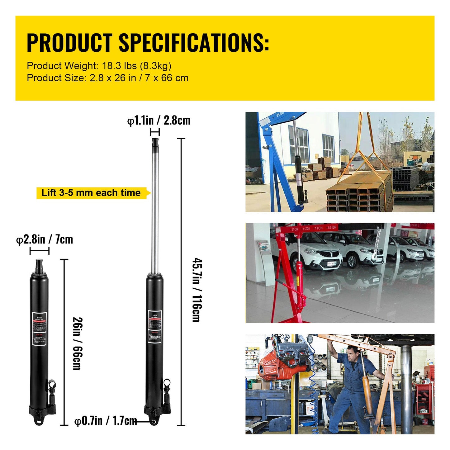 VEVOR Hydraulic Long Ram Jack, 3 Tons/6600 lbs Capacity, with Single Piston Pump and Clevis Base, Manual Cherry Picker with Handle, for Garage/Shop Cranes, Engine Lift Hoist, Black    Home Decor Supply | Online Retail | ShoreShopper.com