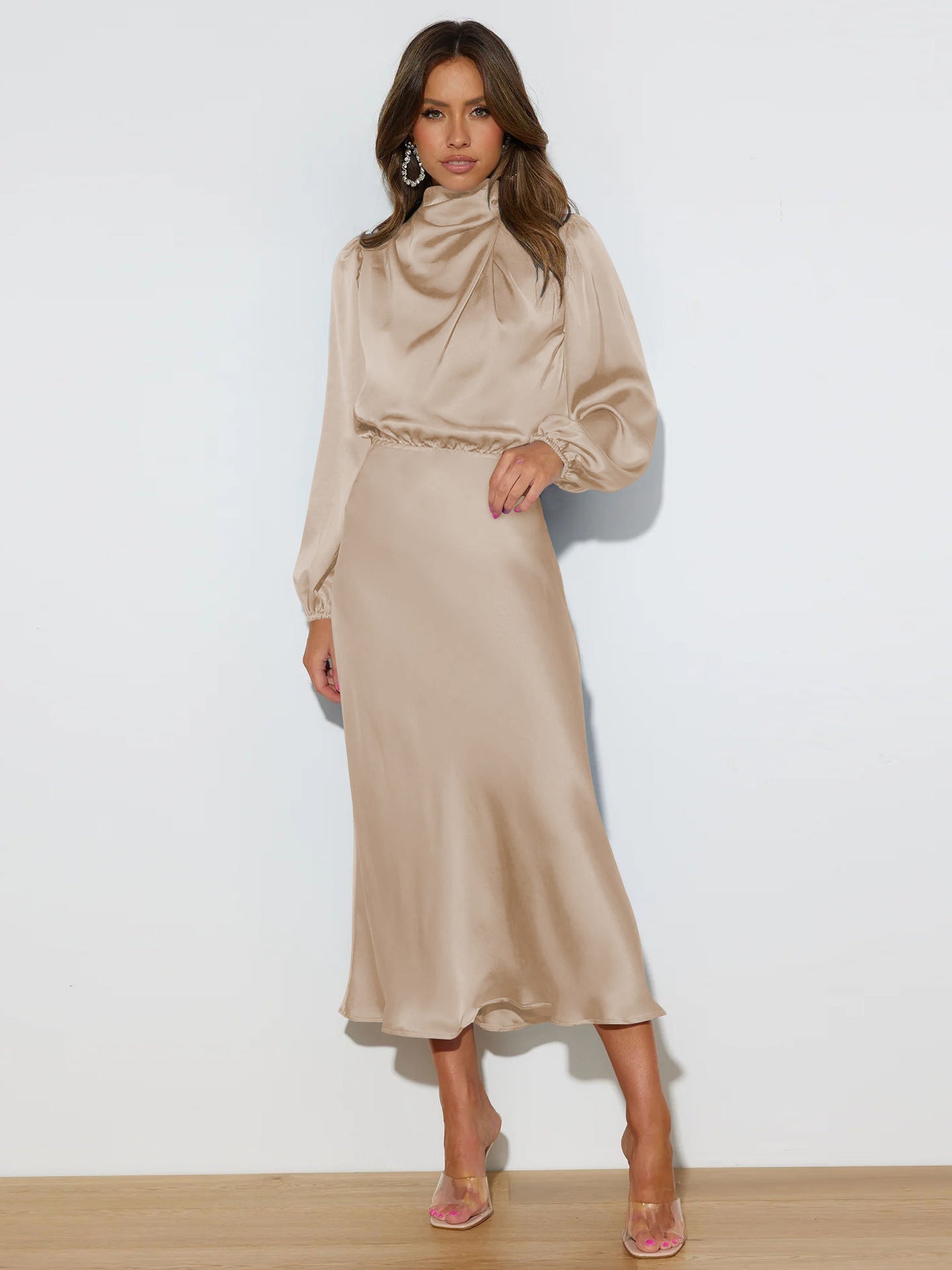Elegant Temperament Long-sleeved Dress Satin Halterneck Formal Evening Dresses Women Clothing    Home Decor Supply | Online Retail | ShoreShopper.com