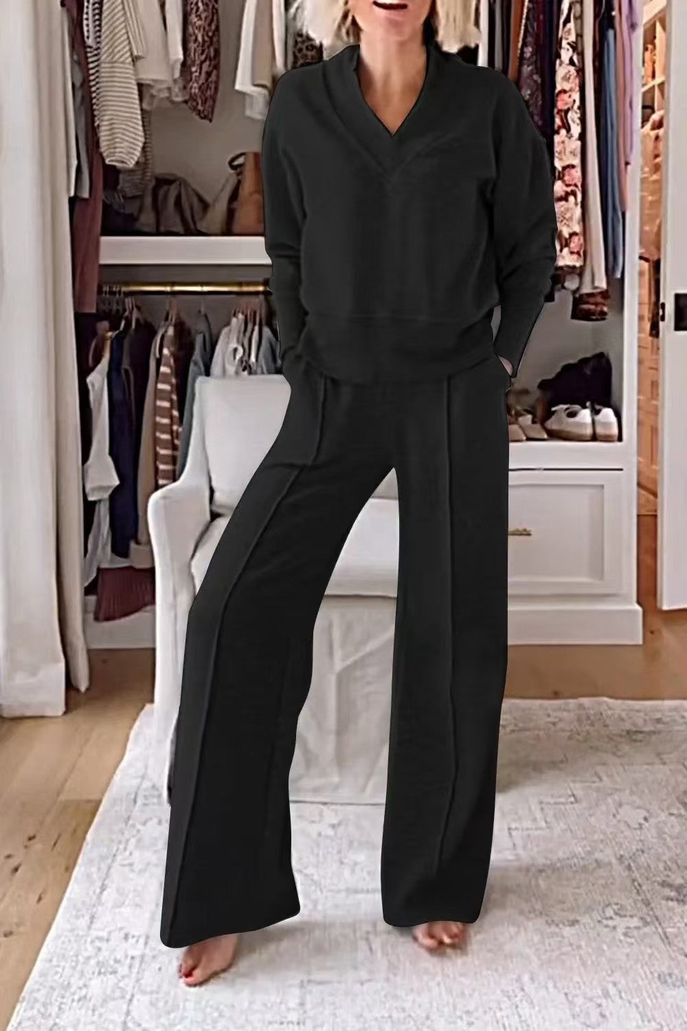 Women's Pullover Suit Casual Collared Long-Sleeved V-neck Top And Loose Straight-Leg Pants Fashion Sweatshirt Sport Trousers Set    Home Decor Supply | Online Retail | ShoreShopper.com