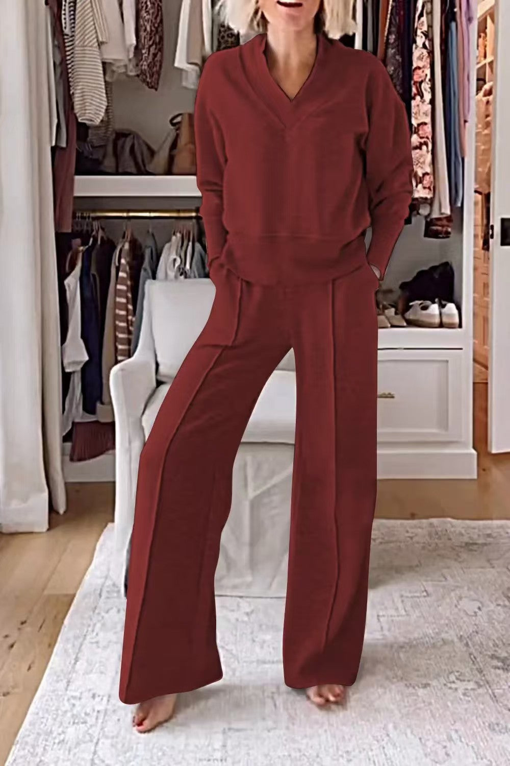 Women's Pullover Suit Casual Collared Long-Sleeved V-neck Top And Loose Straight-Leg Pants Fashion Sweatshirt Sport Trousers Set    Home Decor Supply | Online Retail | ShoreShopper.com