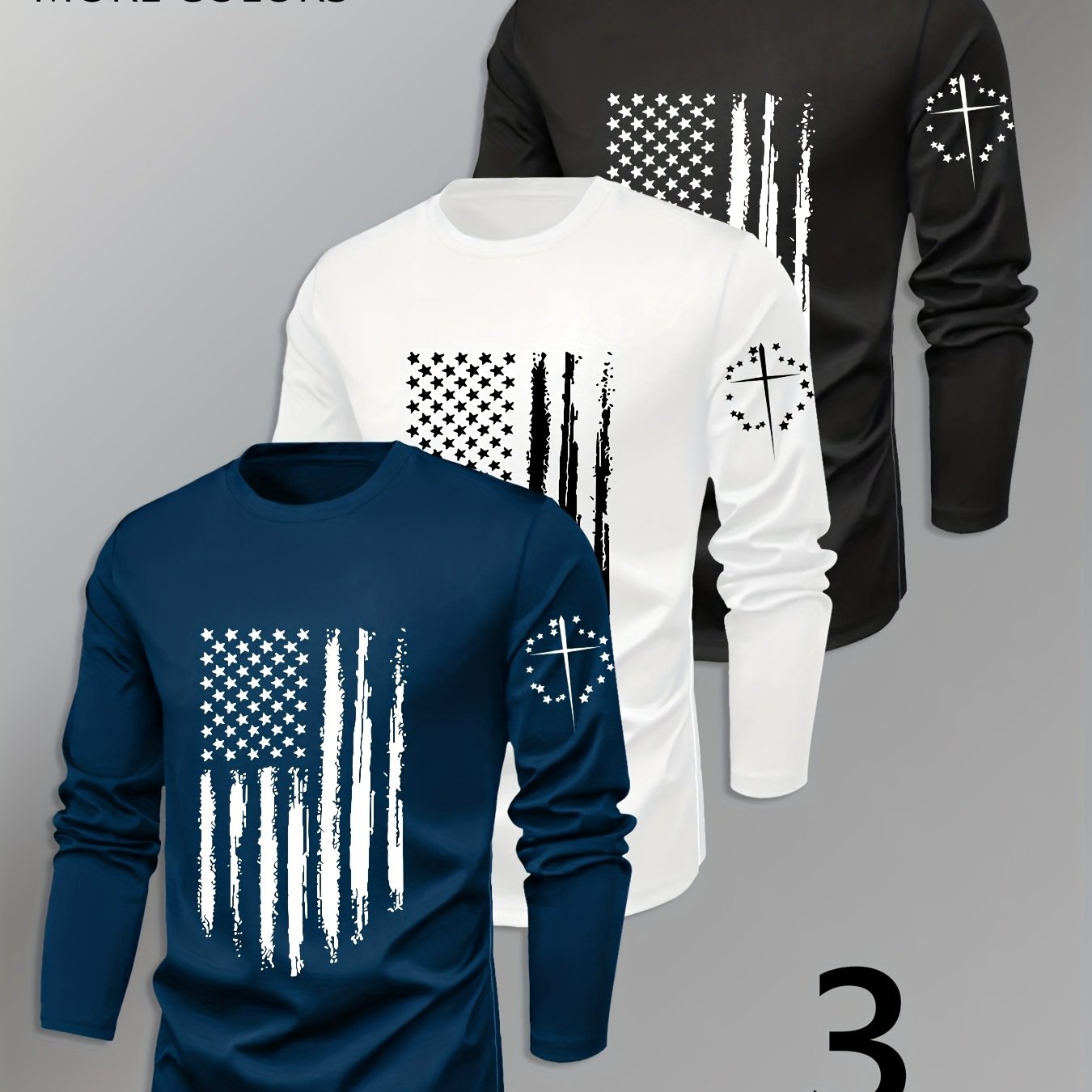 3pcs Men's Navy& Striped Long-Sleeve Tees: Crew Neck, Geometric Flag Pattern. Breathable Quick-Dry, Sweat-Absorbing, Durable Regular Fit. Classic Stylish Sportswear, Comfortable Basic Layer for Home/Daily Wear - Men's Versati    Home Decor Supply | Online Retail | ShoreShopper.com