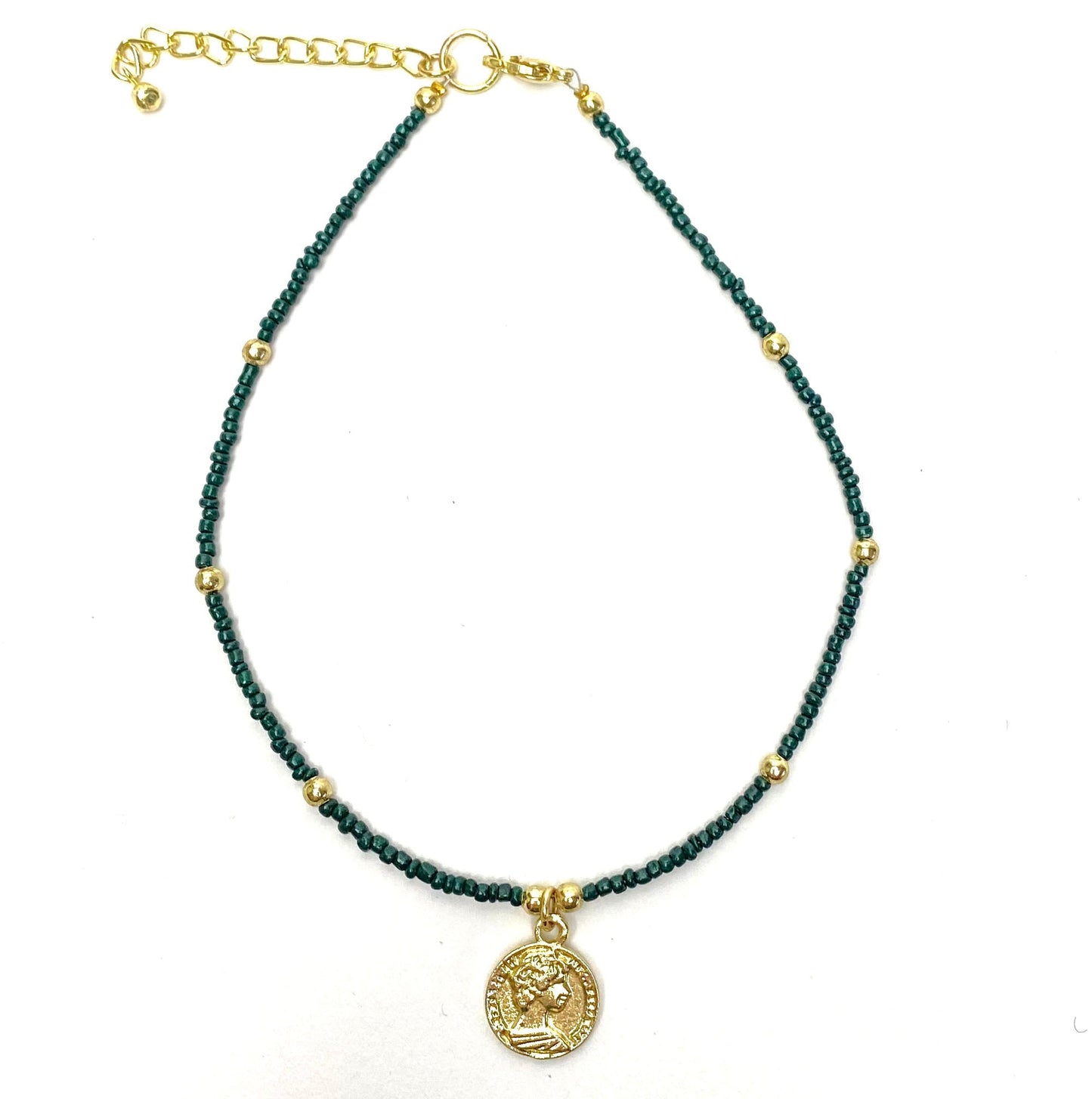 Dark Green Glass Bead Choker with Brass Coin Pendant    Home Decor Supply | Online Retail | ShoreShopper.com