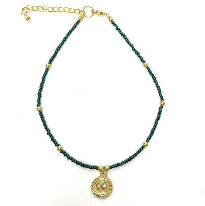 Dark Green Glass Bead Choker with Brass Coin Pendant    Home Decor Supply | Online Retail | ShoreShopper.com