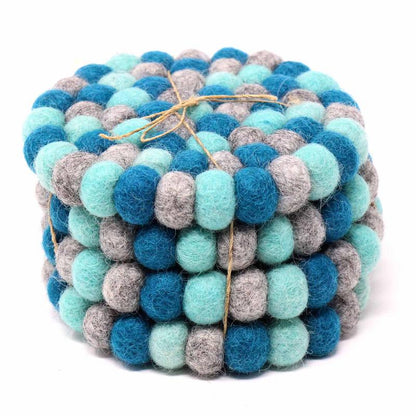 Hand Crafted Felt Ball Coasters from Nepal: 4-pack, Chakra Light Blues - Global Groove (T)    Home Decor Supply | Online Retail | ShoreShopper.com
