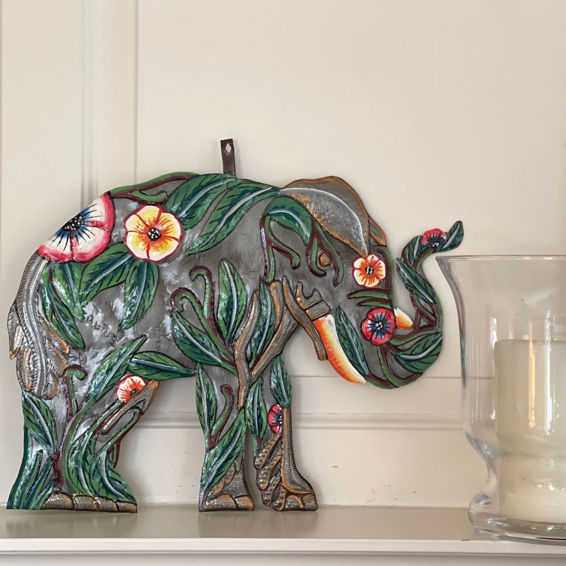 Hibiscus Elephant Haitian Metal Drum Art    Home Decor Supply | Online Retail | ShoreShopper.com