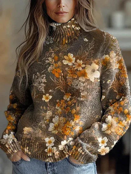 Elegant 3D Floral Print Turtleneck Sweater - Cozy Long Sleeve Pullover    Home Decor Supply | Online Retail | ShoreShopper.com