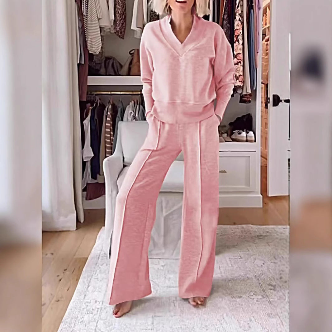 Women's Pullover Suit Casual Collared Long-Sleeved V-neck Top And Loose Straight-Leg Pants Fashion Sweatshirt Sport Trousers Set    Home Decor Supply | Online Retail | ShoreShopper.com