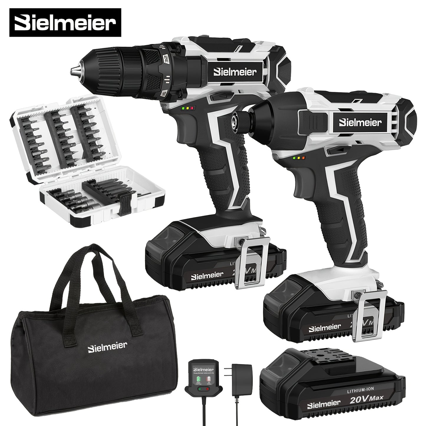Bielmeier 20V 3/8" Drill And 1/4" Impact Driver Combo Kit, Featuring a Driving Speed of 3200RPM And a Drilling Speed of 1500RPM, Designed to Be Lightweight, with Two Speed Settings, Including 33pcs of Drive Bits And Sockets, - ShoreCo.Shop
