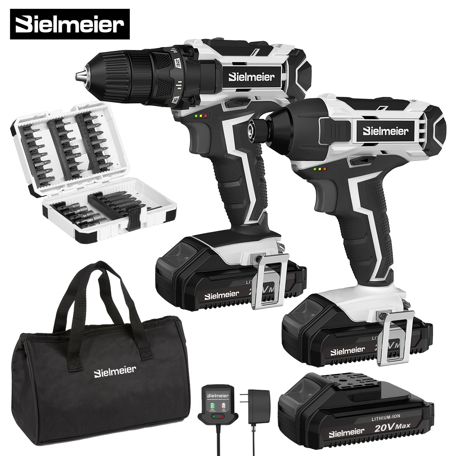 Bielmeier 20V 3/8" Drill And 1/4" Impact Driver Combo Kit, Featuring a Driving Speed of 3200RPM And a Drilling Speed of 1500RPM, Designed to Be Lightweight, with Two Speed Settings, Including 33pcs of Drive Bits And Sockets, - ShoreCo.Shop