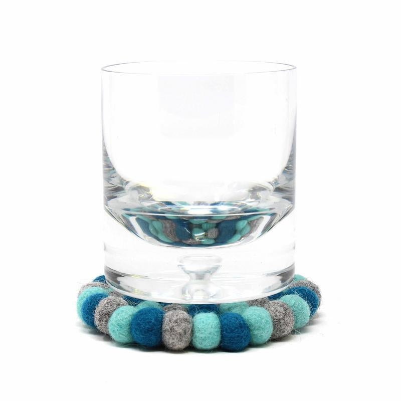 Hand Crafted Felt Ball Coasters from Nepal: 4-pack, Chakra Light Blues - Global Groove (T)    Home Decor Supply | Online Retail | ShoreShopper.com