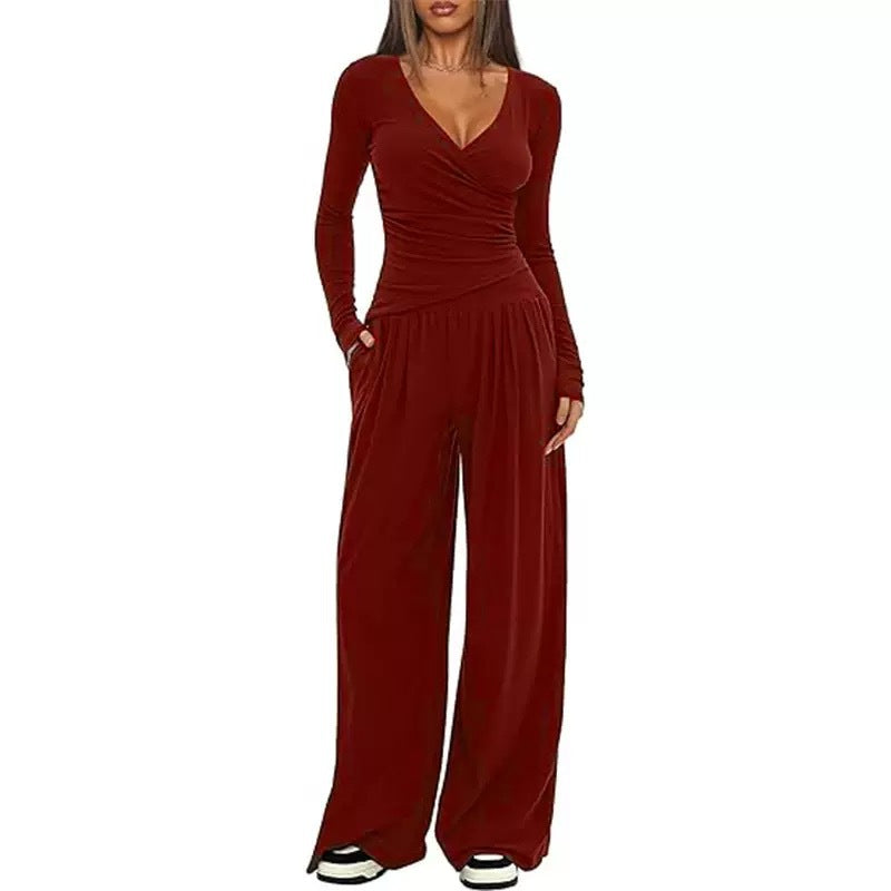 2 Pieces Women's V Neck Long-sleeve Sportswear Top And Wide-leg Pants Set Casual Comfortable Outfit Set For Daily Wear Gym Sports Outfit    Home Decor Supply | Online Retail | ShoreShopper.com