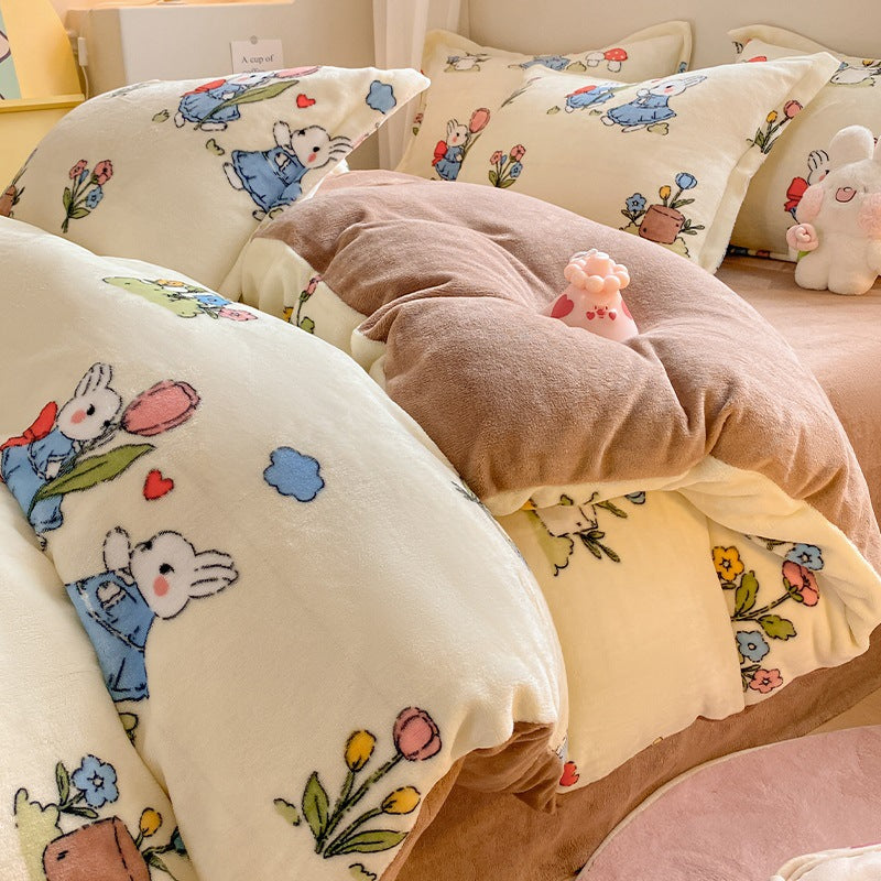 Winter Thickening Milk Fiber Bed Four-piece Coral Velvet Quilt Cover Flange Double-sided Bed Sheet Three-piece Bedding    Home Decor Supply | Online Retail | ShoreShopper.com