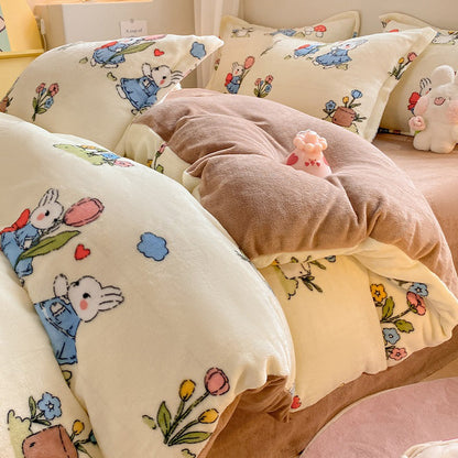 Winter Thickening Milk Fiber Bed Four-piece Coral Velvet Quilt Cover Flange Double-sided Bed Sheet Three-piece Bedding    Home Decor Supply | Online Retail | ShoreShopper.com