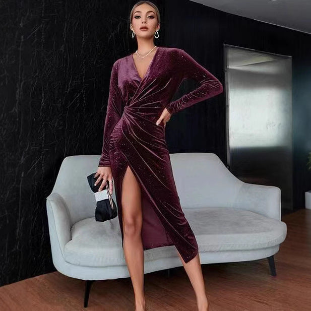 Women's Elegant V-neck Asymmetric Skirt Dress Long Sleeve Gold Velvet Evening Dresses For Christmas New Year Valentine's Day Dating    Home Decor Supply | Online Retail | ShoreShopper.com