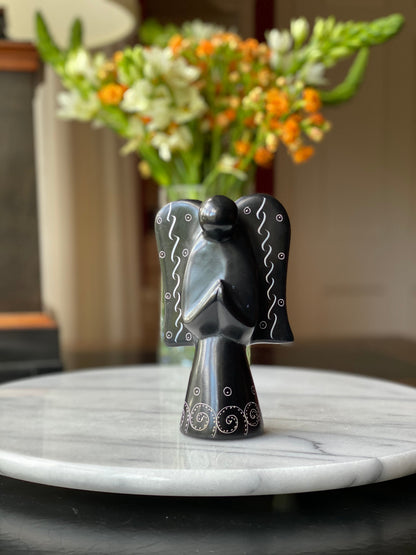 Soapstone Angel Sculpture - Black Finish with Etch Design    Home Decor Supply | Online Retail | ShoreShopper.com