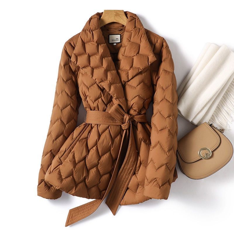 Winter Ripple-stitching Jacket With Belt Fashion Warm Pockets Lapel Coat Women's Temperament Lightweight Outwear Clothing    Home Decor Supply | Online Retail | ShoreShopper.com
