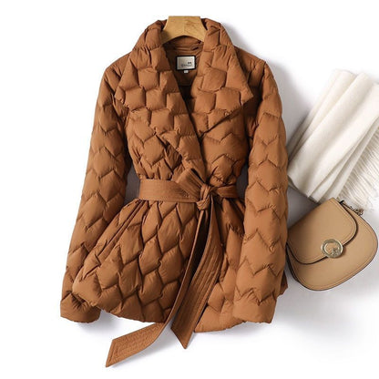 Winter Ripple-stitching Jacket With Belt Fashion Warm Pockets Lapel Coat Women's Temperament Lightweight Outwear Clothing    Home Decor Supply | Online Retail | ShoreShopper.com