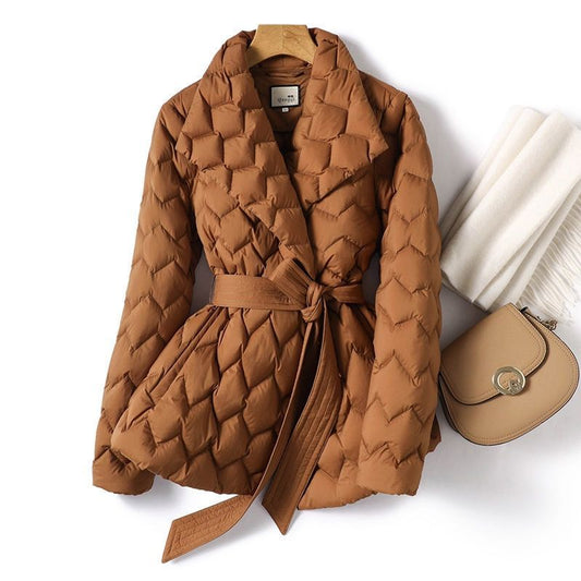 Winter Ripple-stitching Jacket With Belt Fashion Warm Pockets Lapel Coat Women's Temperament Lightweight Outwear Clothing    Home Decor Supply | Online Retail | ShoreShopper.com