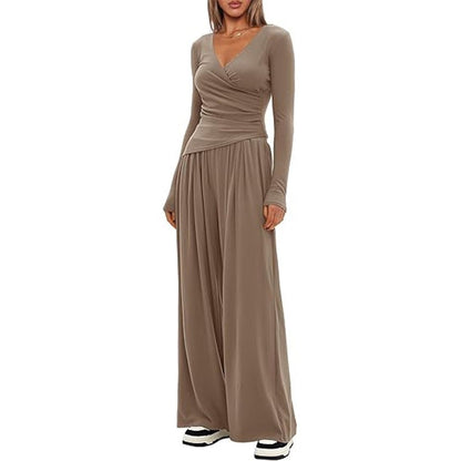 2 Pieces Women's V Neck Long-sleeve Sportswear Top And Wide-leg Pants Set Casual Comfortable Outfit Set For Daily Wear Gym Sports Outfit    Home Decor Supply | Online Retail | ShoreShopper.com