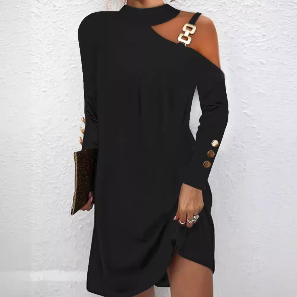 Fashion Women Solid Casual Dress Female Elegant Long Sleeve Metal Buckle Halter Neck Casual Mini Dress    Home Decor Supply | Online Retail | ShoreShopper.com