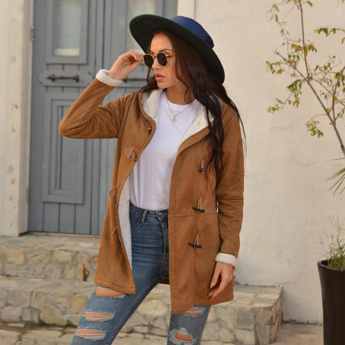 Winter Vintage Button Jackets Women's Warm Fleece Hooded Coat Casual Mid-Length Trench Top Outwear Clothing    Home Decor Supply | Online Retail | ShoreShopper.com