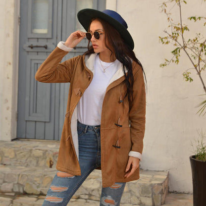 Winter Vintage Button Jackets Women's Warm Fleece Hooded Coat Casual Mid-Length Trench Top Outwear Clothing    Home Decor Supply | Online Retail | ShoreShopper.com