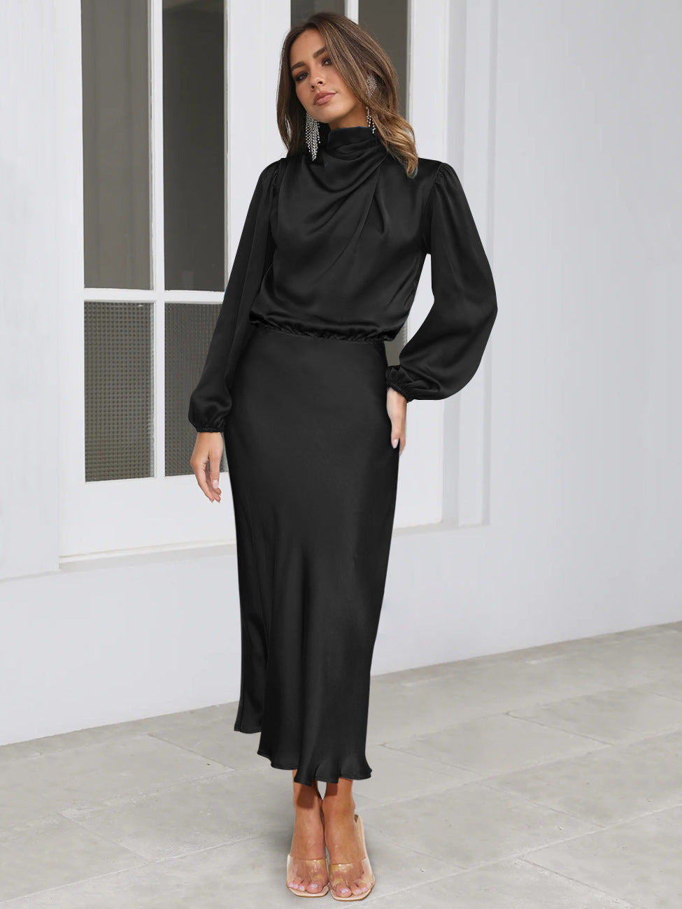 Elegant Temperament Long-sleeved Dress Satin Halterneck Formal Evening Dresses Women Clothing    Home Decor Supply | Online Retail | ShoreShopper.com