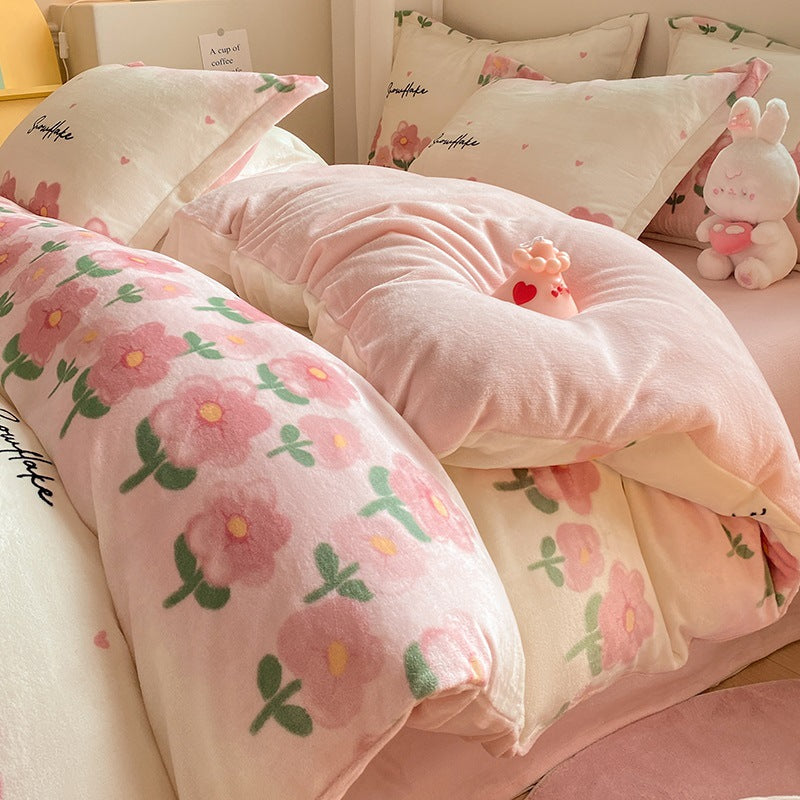 Winter Thickening Milk Fiber Bed Four-piece Coral Velvet Quilt Cover Flange Double-sided Bed Sheet Three-piece Bedding    Home Decor Supply | Online Retail | ShoreShopper.com
