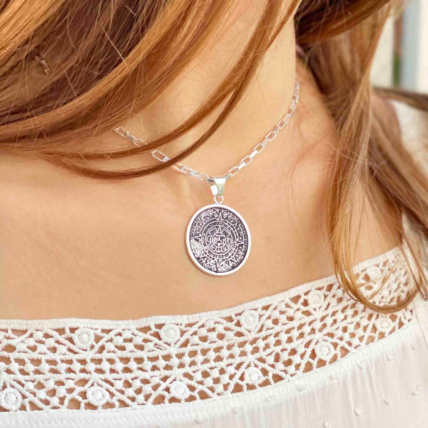 Alpaca Silver Aztec Calendar Pendant with Chain    Home Decor Supply | Online Retail | ShoreShopper.com