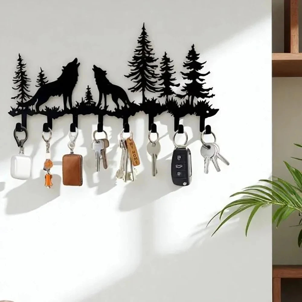 Rustic Mountain Key Holder: Metal Wolf & Forest Wall Organizer    Home Decor Supply | Online Retail | ShoreShopper.com