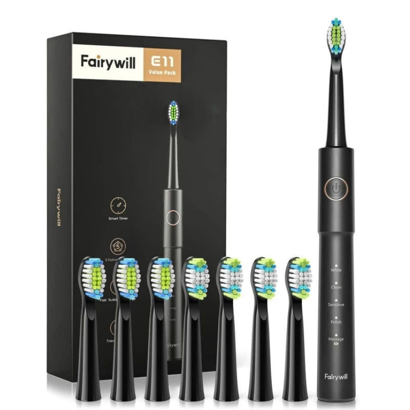 Fairywill Sonic Electric Toothbrush E11 Waterproof USB Charge Rechargeable Electric Toothbrush 8 Brush Replacement Heads Adult - ShoreCo.Shop