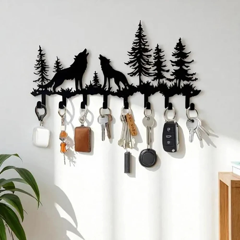 Rustic Mountain Key Holder: Metal Wolf & Forest Wall Organizer    Home Decor Supply | Online Retail | ShoreShopper.com
