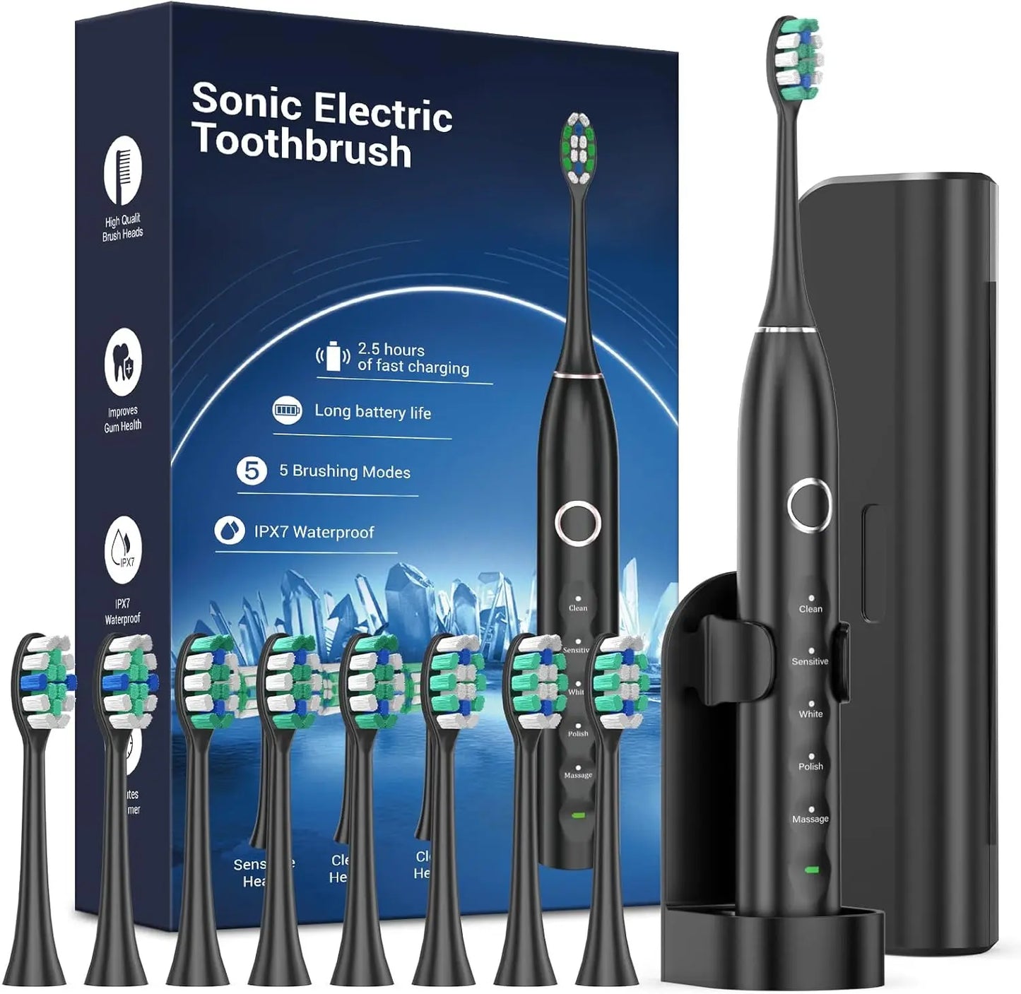 Rtauys S5 Upgraded Sonic Electric Toothbrush for Adults and Kids Ages 12+ with 8 Brush Heads, IPX7 Travel Toothbrush with Case, - ShoreCo.Shop