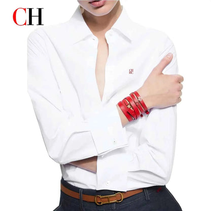 CH Women's Clothing -Women's White Button Down Shirt CHHC Logo Embroidered Long Sleeve Casual Formal Office Blouse Top