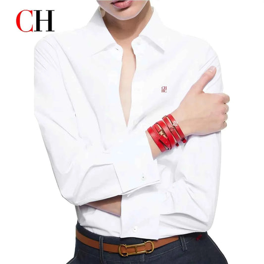 CH Women's Clothing -Women's White Button Down Shirt CHHC Logo Embroidered Long Sleeve Casual Formal Office Blouse Top