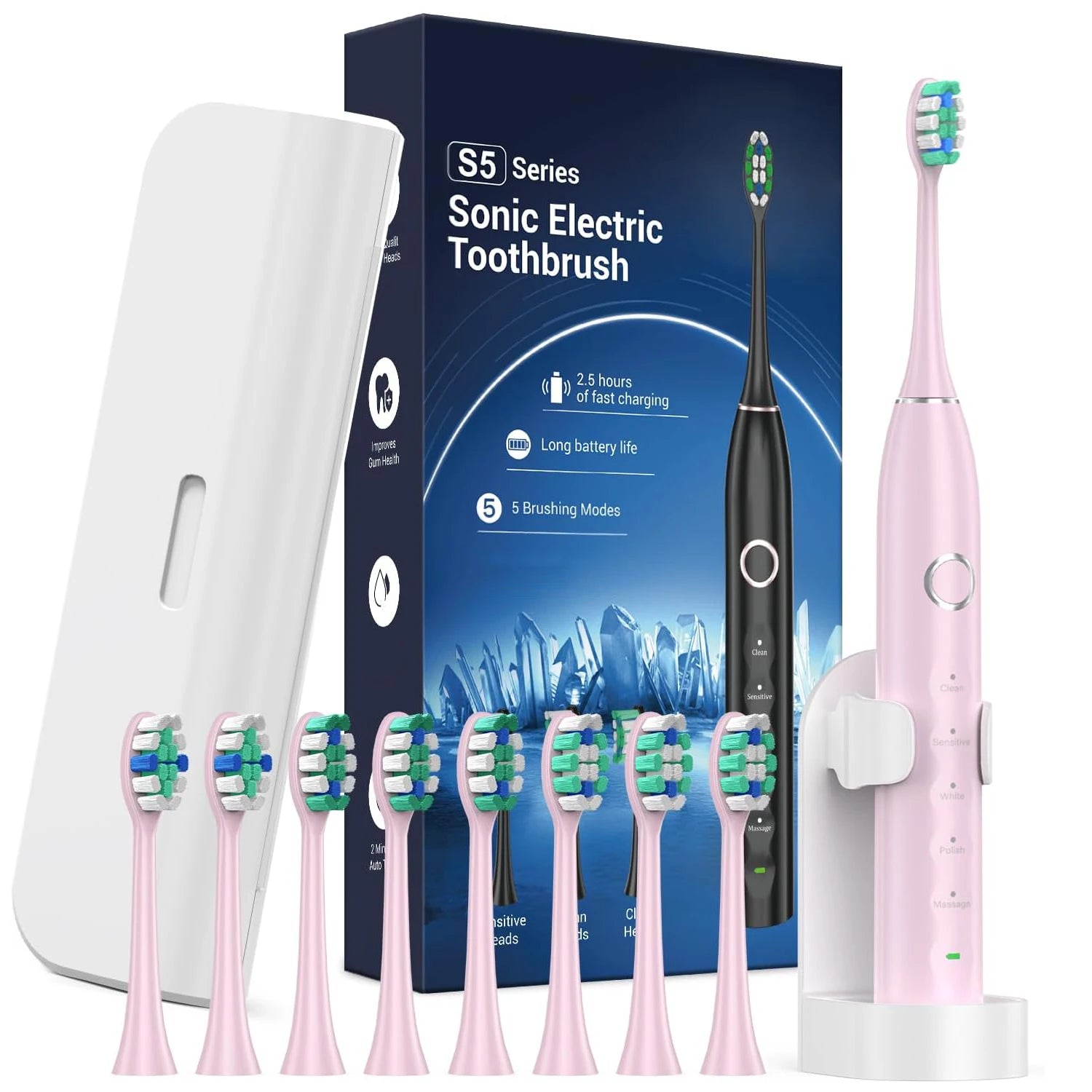 Rtauys S5 Upgraded Sonic Electric Toothbrush for Adults and Kids Ages 12+ with 8 Brush Heads, IPX7 Travel Toothbrush with Case, - ShoreCo.Shop