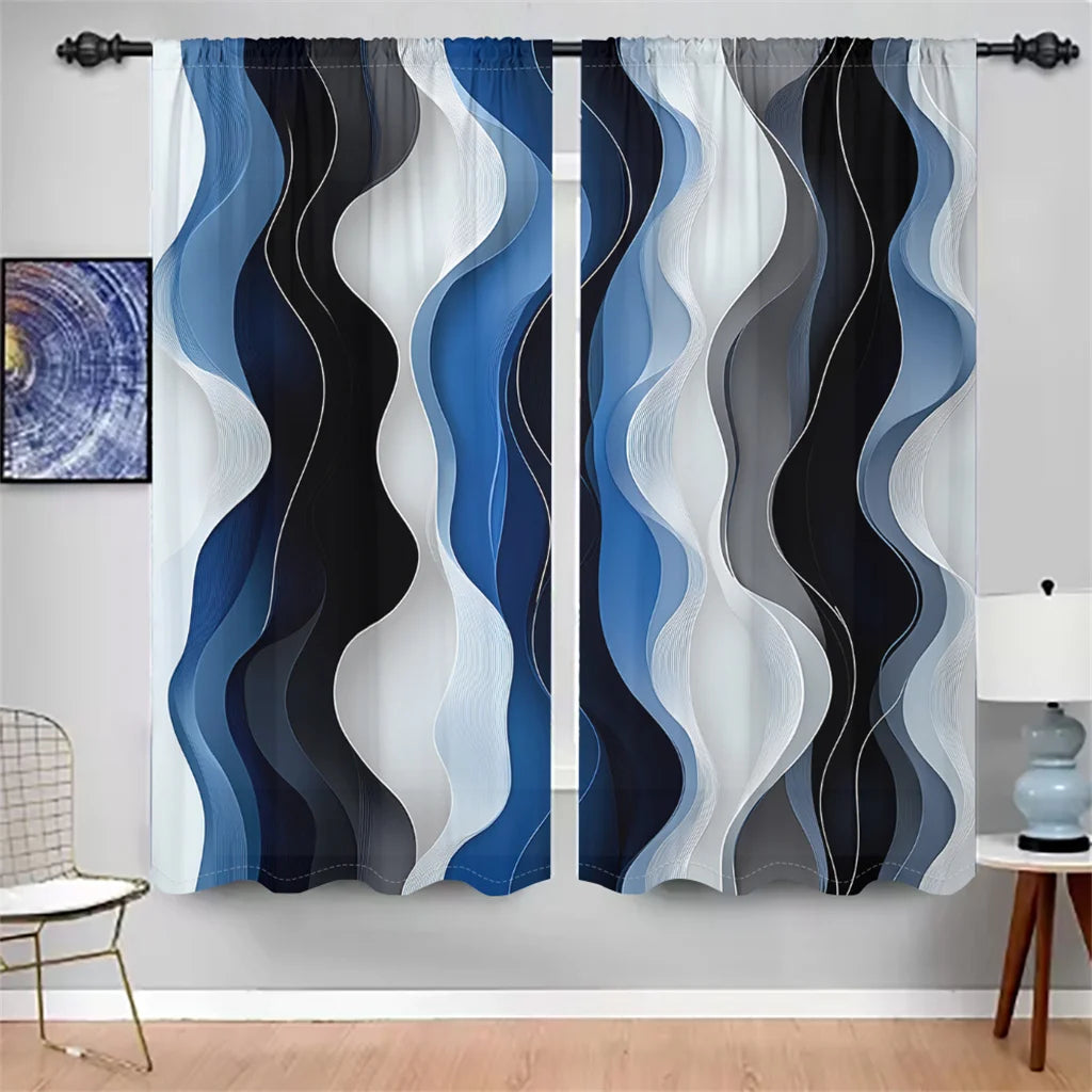 2Pcs Modern Wave Curtains 3D Blue White Black Curve Pattern Living Room Bedroom Balcony Sunshade Abstract Art Decor Curtains    Home Decor Supply | Online Retail | ShoreShopper.com