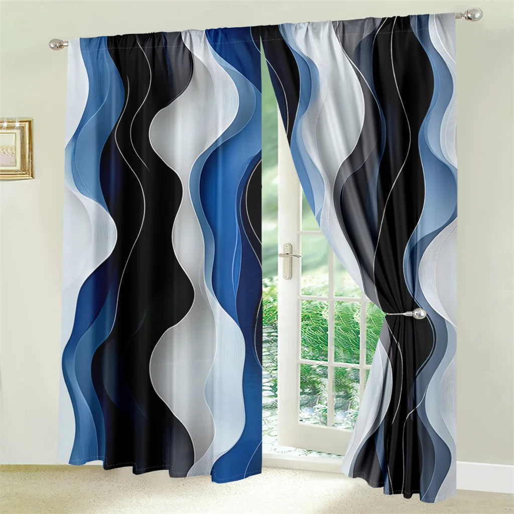 2Pcs Modern Wave Curtains 3D Blue White Black Curve Pattern Living Room Bedroom Balcony Sunshade Abstract Art Decor Curtains    Home Decor Supply | Online Retail | ShoreShopper.com
