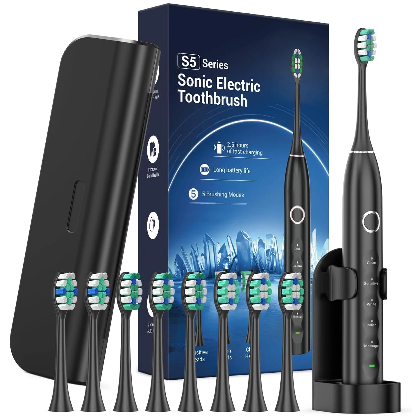 Rtauys S5 Upgraded Sonic Electric Toothbrush for Adults and Kids Ages 12+ with 8 Brush Heads, IPX7 Travel Toothbrush with Case, - ShoreCo.Shop